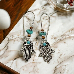 Bohemian Hand Silver Turquoise Dangle Earrings
